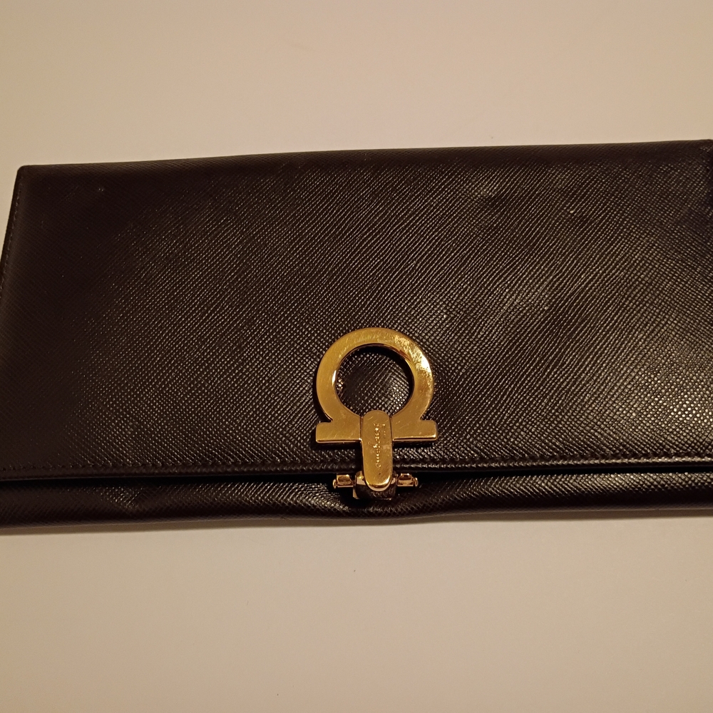 Black Salvatore Ferragamo Long Wallet with Gold Accent